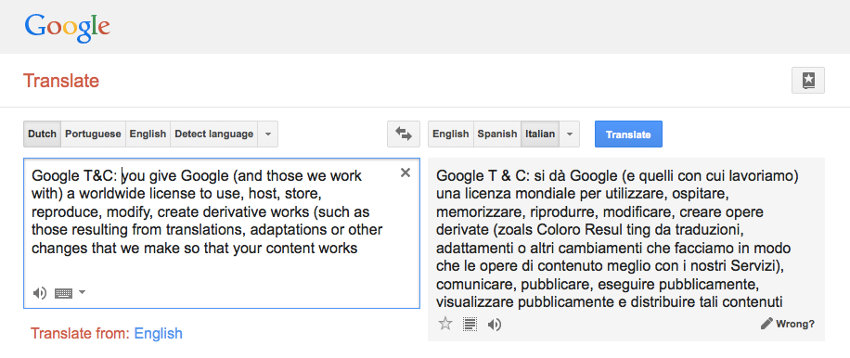 Google T and C translated from English to Italian