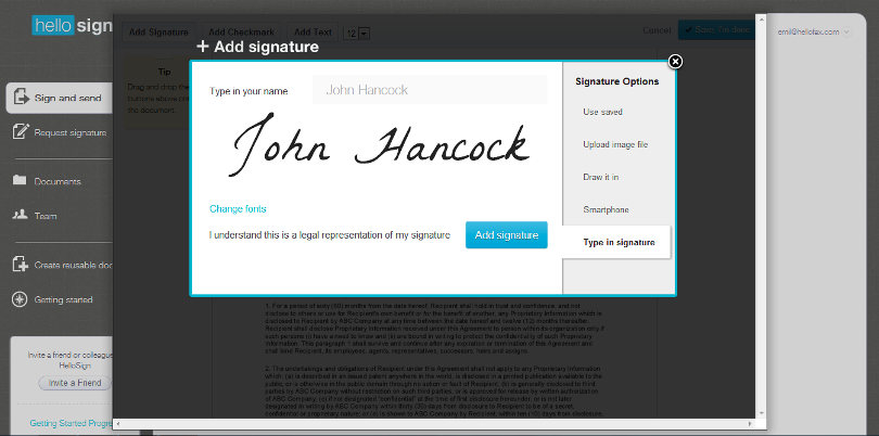 HelloSign screenshot