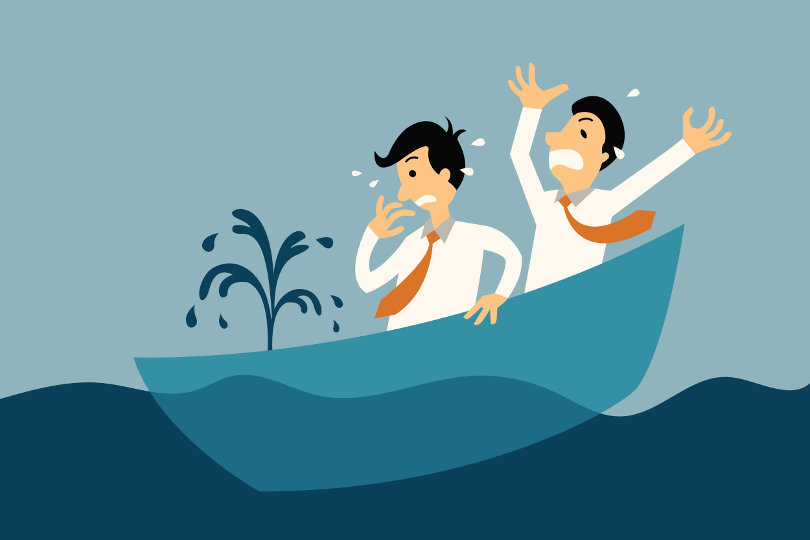Businessmen in a sinking boat.