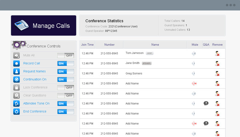 ConferenceCalling.com manage calls screenshot