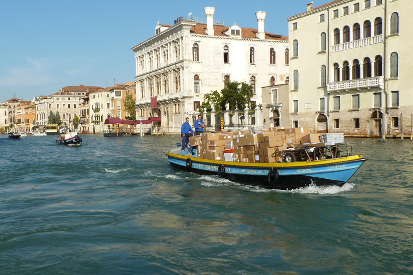 Mail delivery boat in Venice, Italy