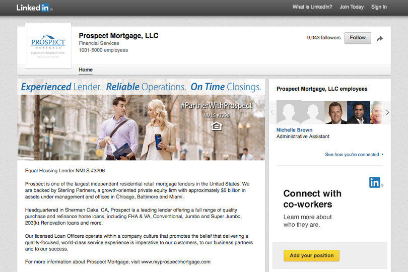 Prospect Mortgage LLC LinkedIn business page screenshot