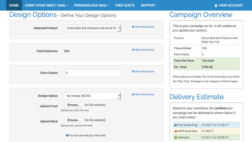 Personalized mail design and delivery options - screenshot