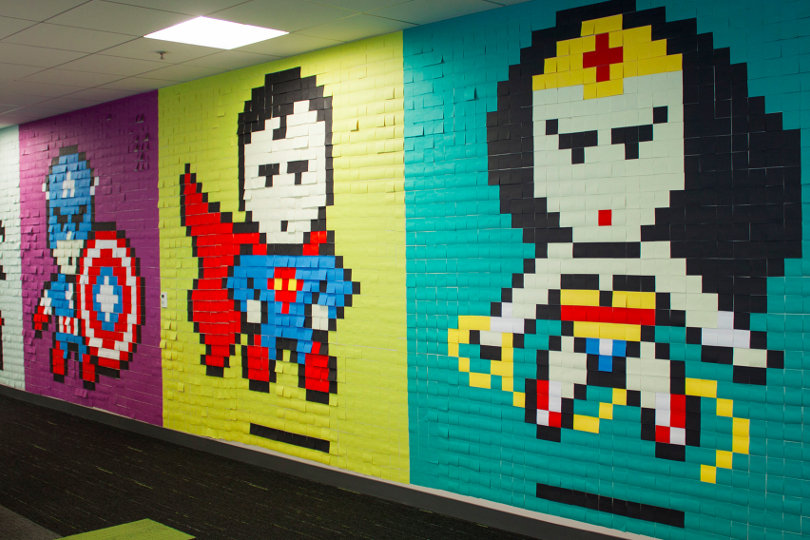 Post-it superheroes mural