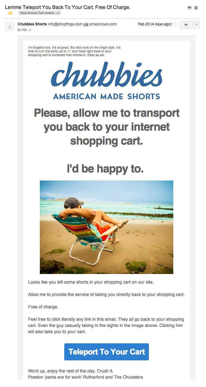 Chubbies Shorts shopping cart abandonment email