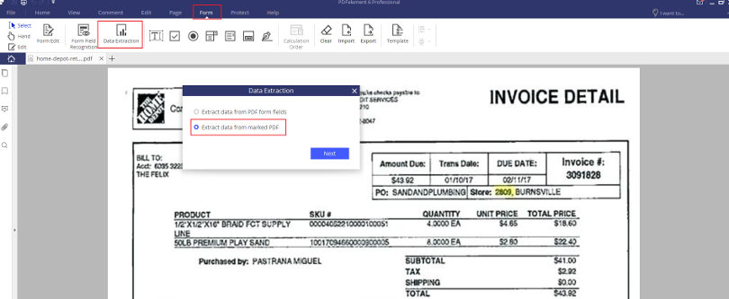 Extract data from PDF invoice file
